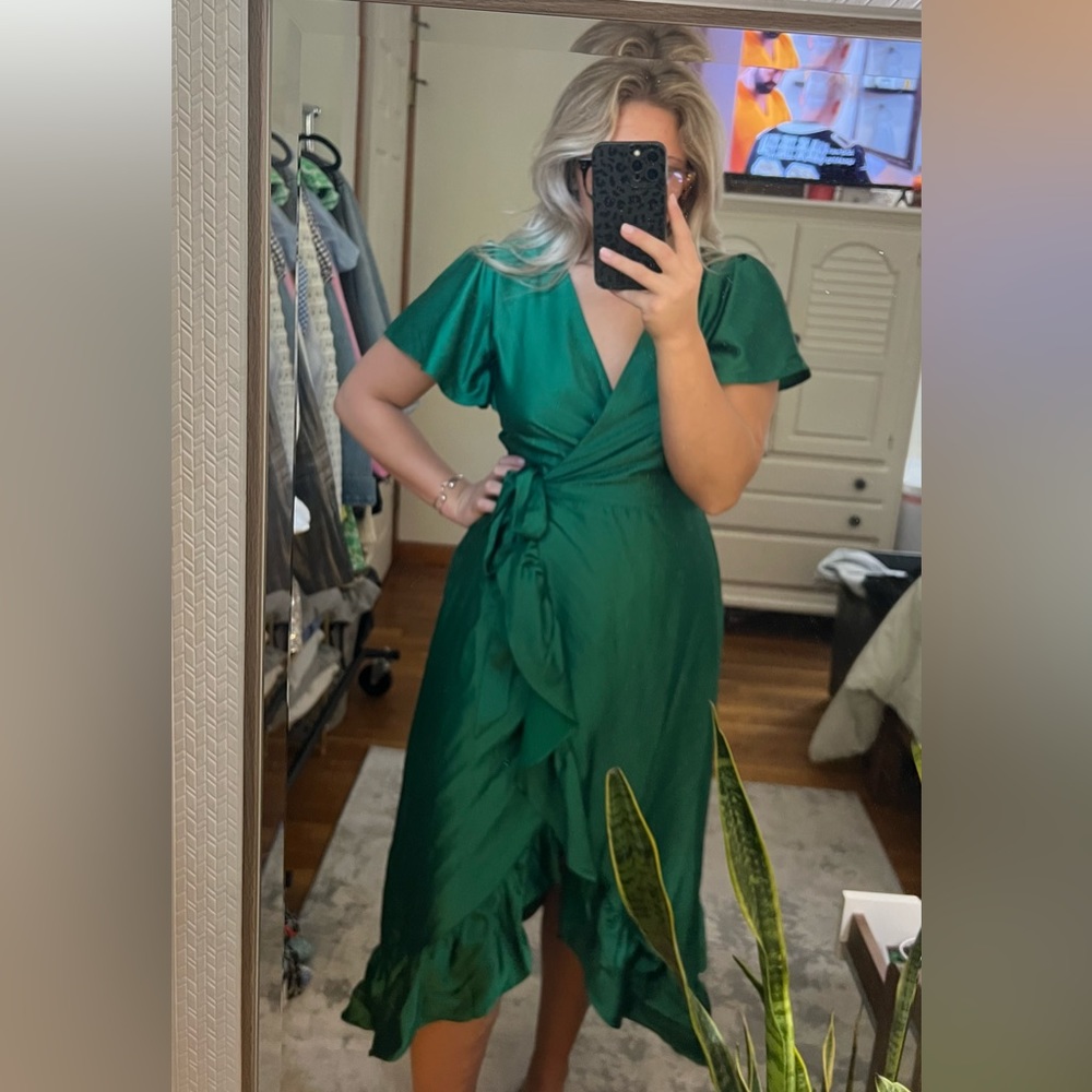 Green Satin Midi Wrap Dress
